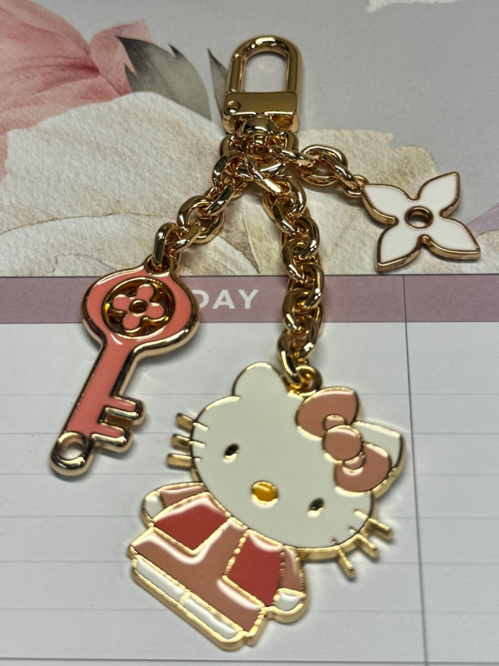 Hello Kitty Gold Pink White Keychain Charm